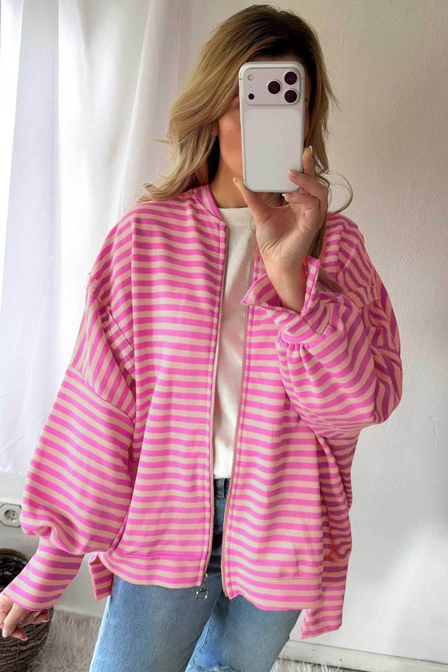 Pink Striped Full Zip Sweatshirt, Trendy Puff Sleeve Jacket - Detail View 2