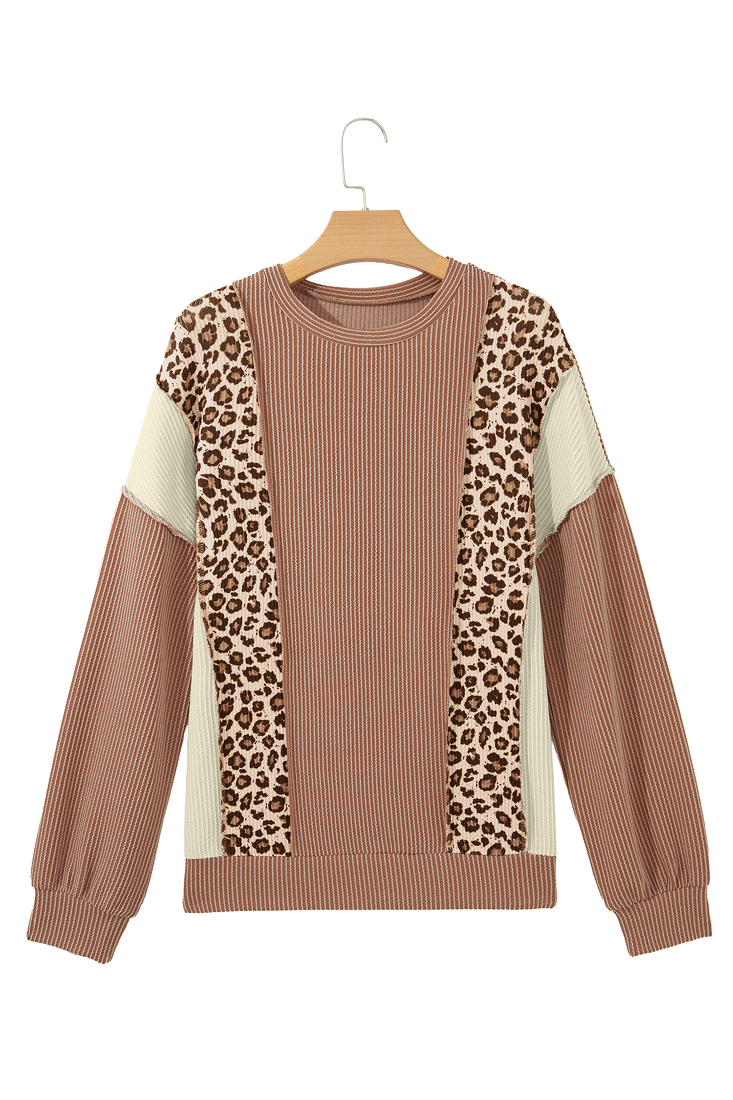 Leopard Print Long Sleeve Top, Chic Colorblock Ribbed Sweater - Detail View 5