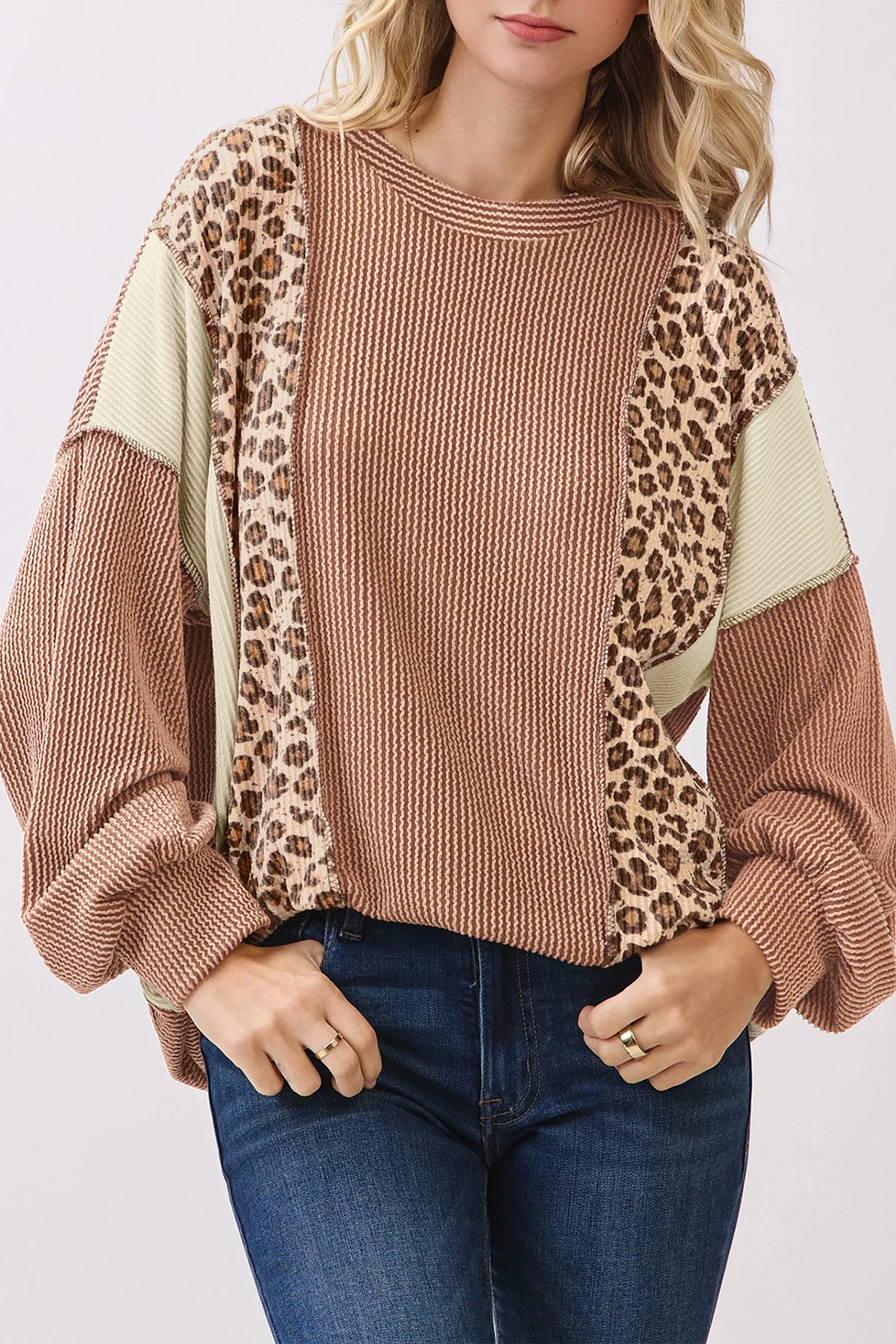 Leopard Print Long Sleeve Top, Chic Colorblock Ribbed Sweater - Detail View 2