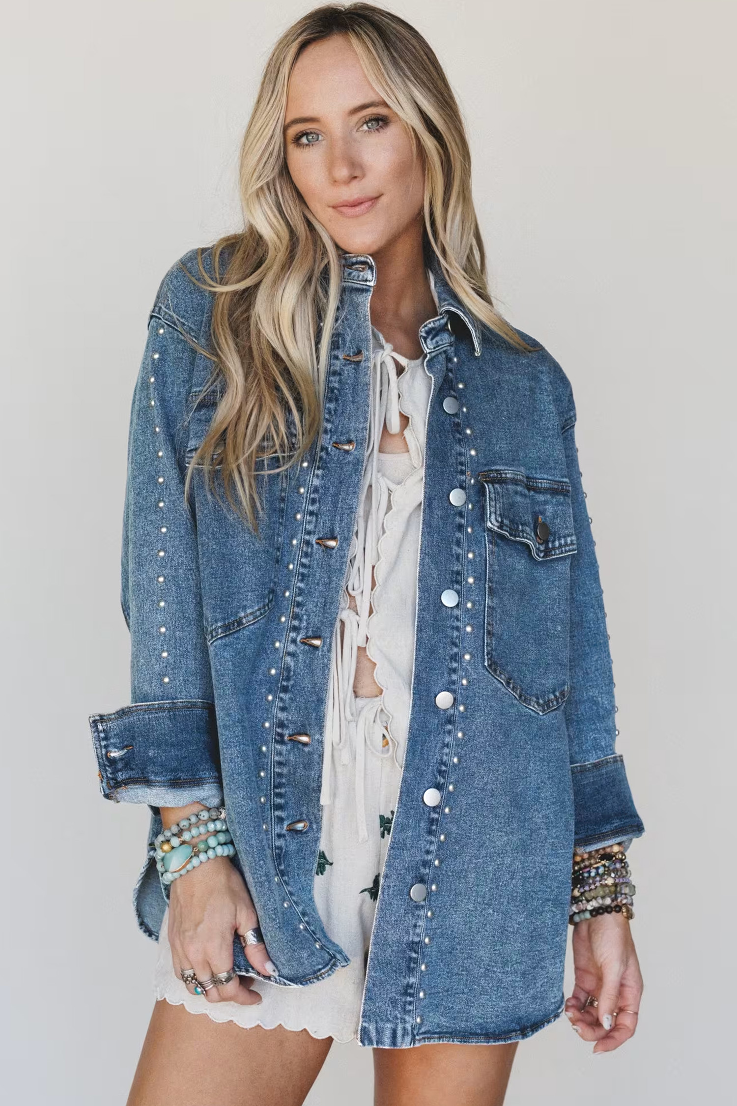 Sail Blue Denim Shirt Jacket, Studded Casual Autumn Outerwear - Detail View 6