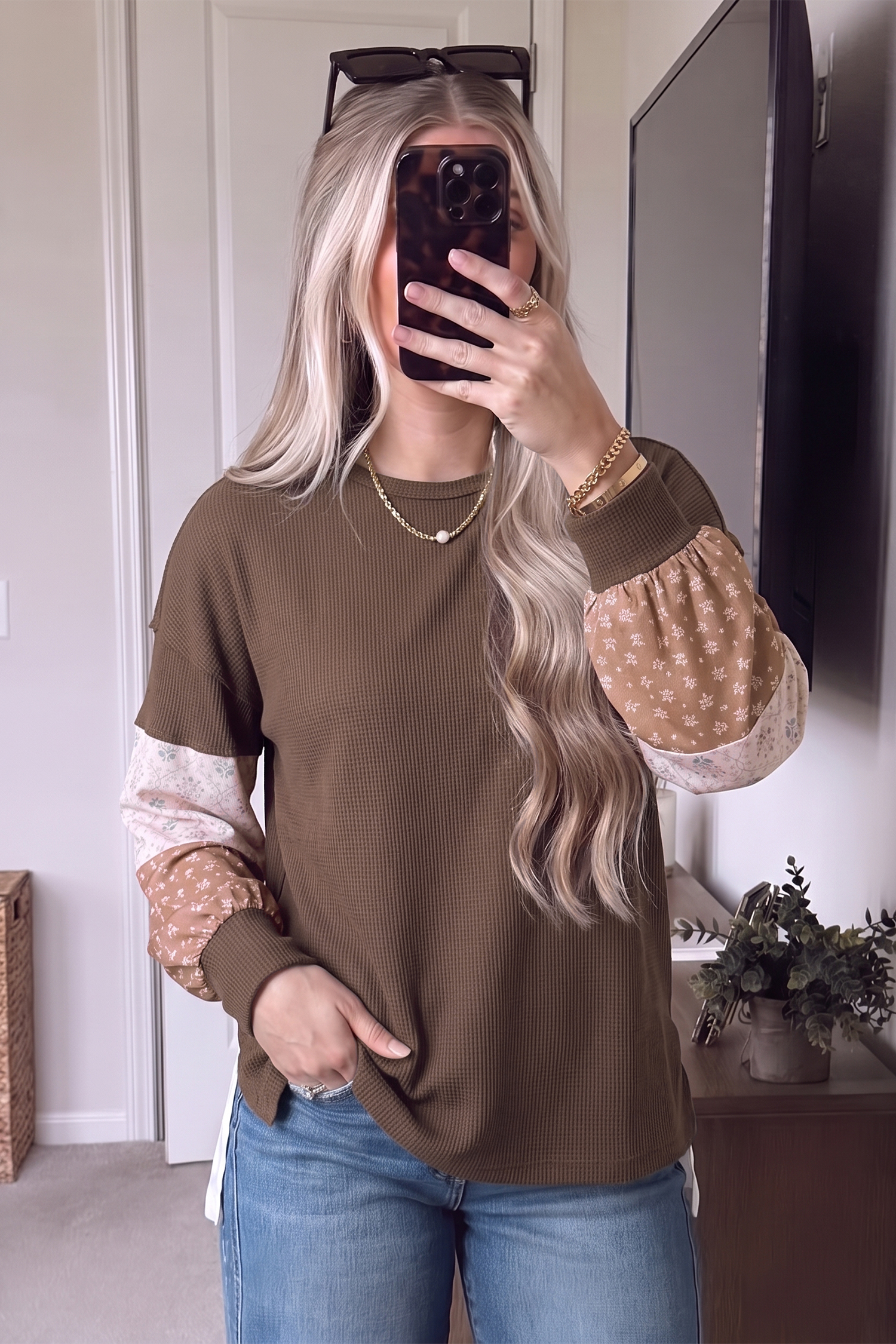 Waffle Knit Pullover Top, Women's Loose Tunic - Detail View 3