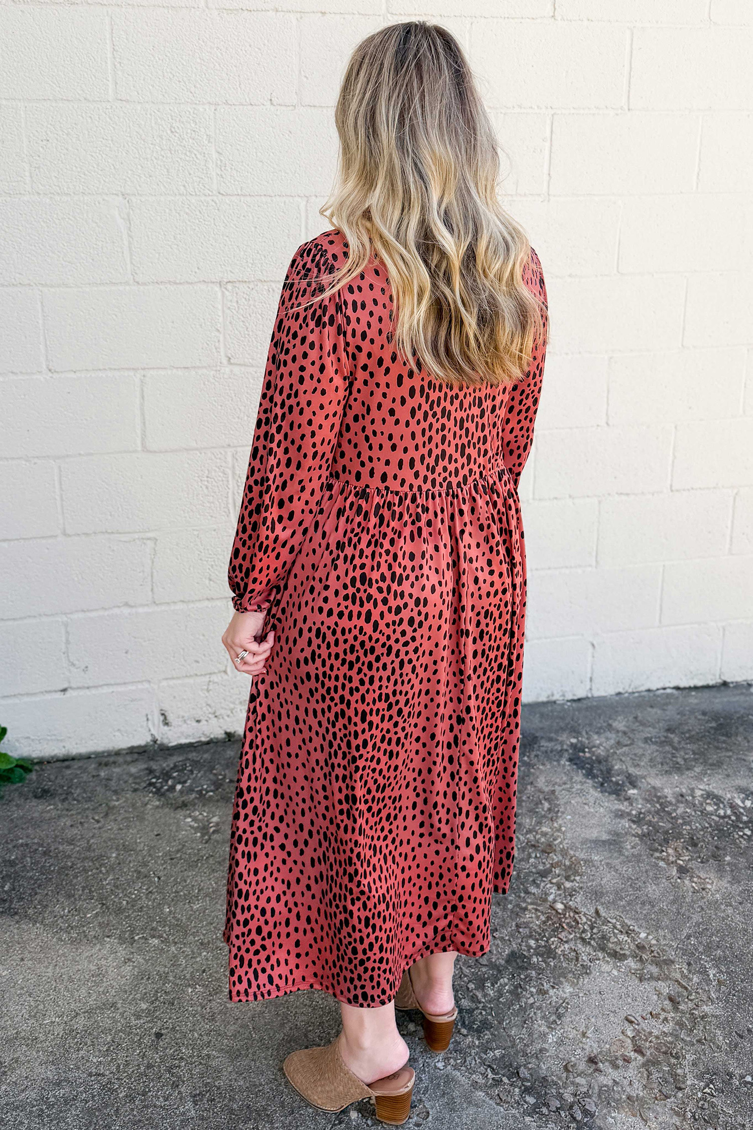 Women's Long Sleeve Dress, Cozy High Waist Leopard Midi - Detail View 6