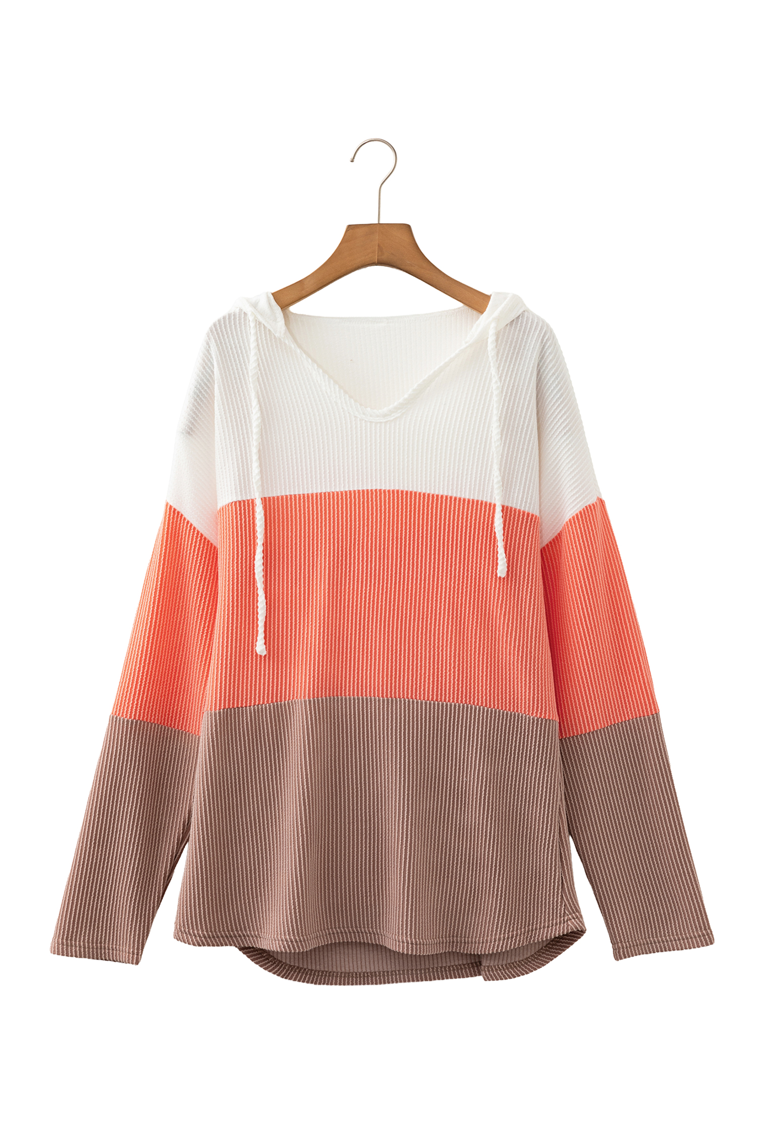 Women's Ribbed Colorblock Hoodie, Casual Long Sleeve Top - Detail View 7