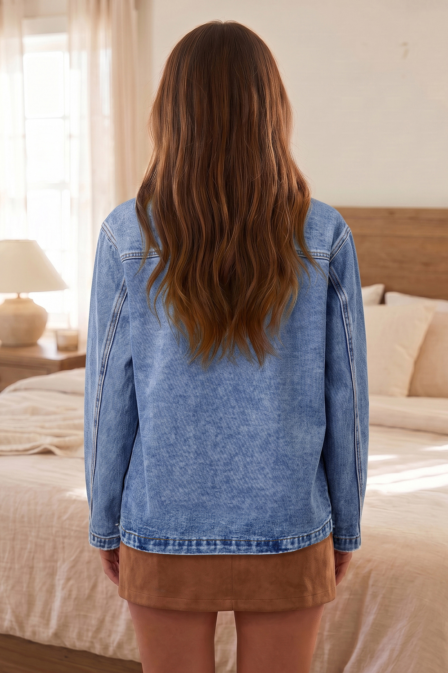 Casual Denim Jacket, Women's Long Sleeve Button Up Outerwear - Detail View 2