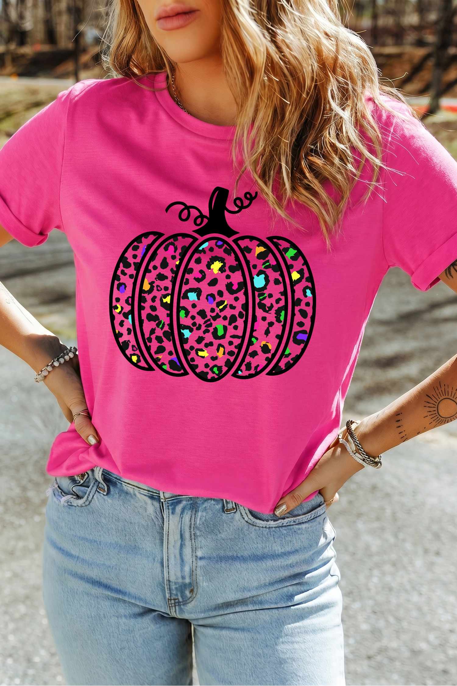 Women's Pumpkin Graphic Tee, Rose Red Leopard Print Top - Detail View 7