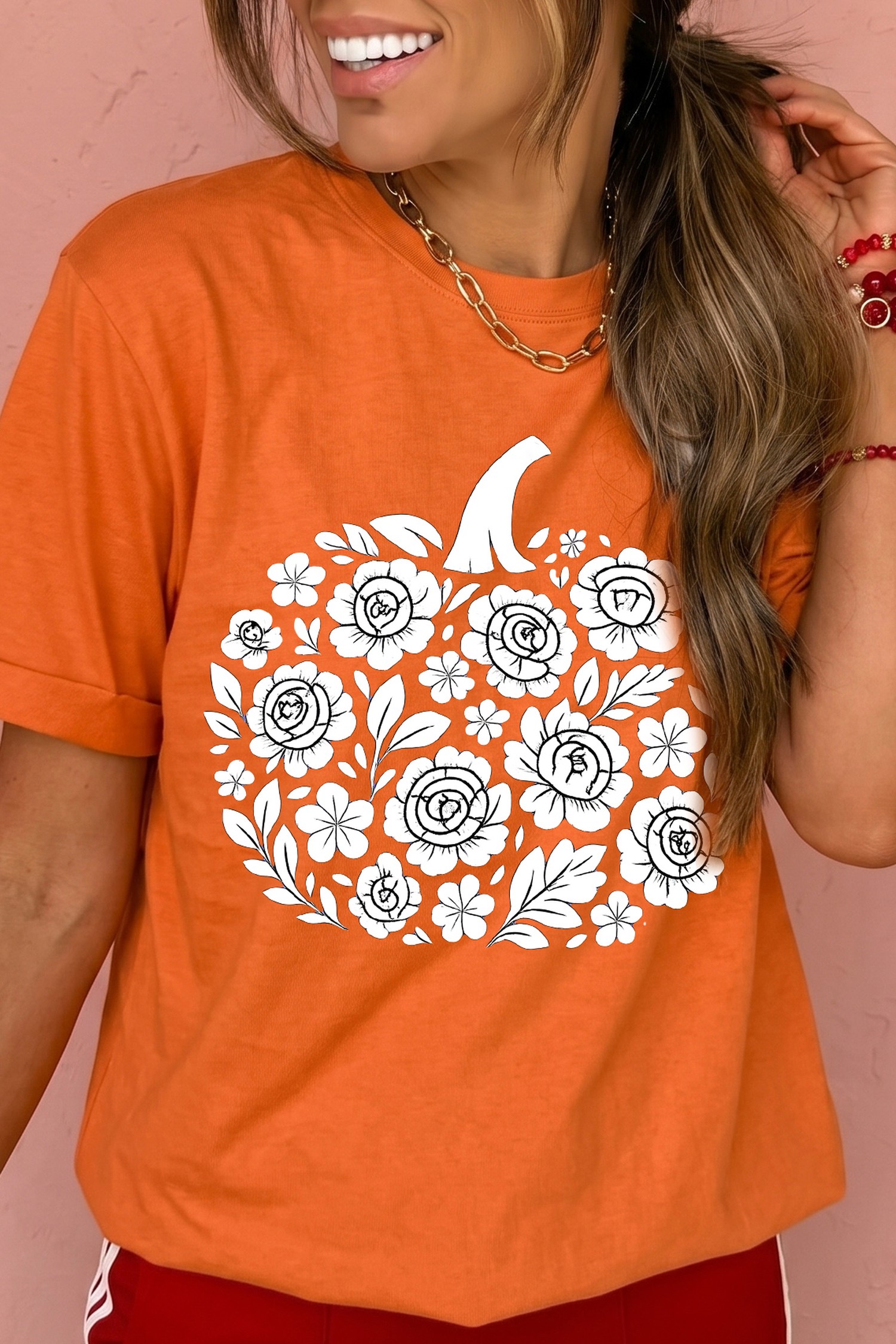 Women's Floral Pumpkin T Shirt, Casual Orange Short Sleeve - Detail View 7