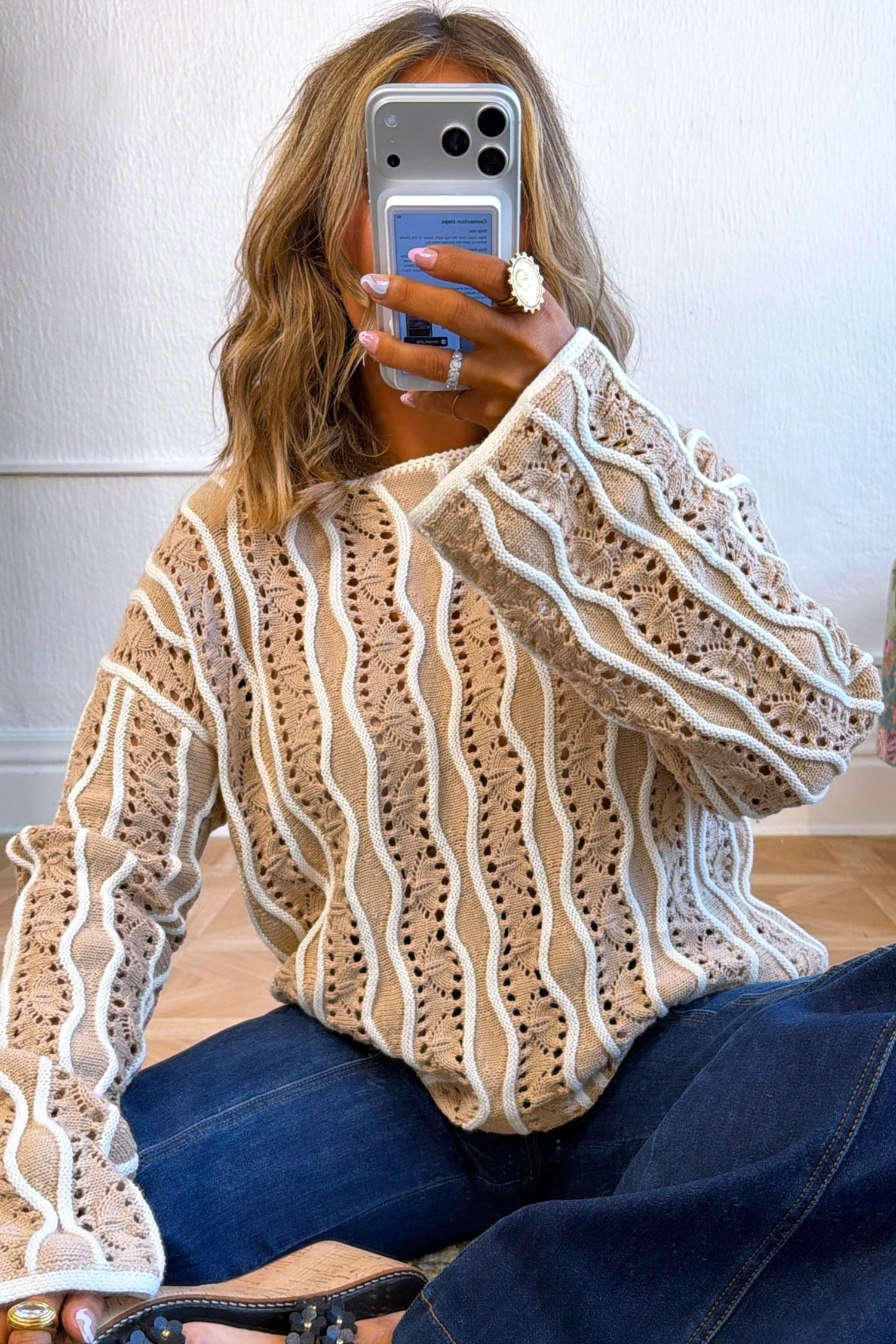 Khaki Cotton Knit Pullover, Women's Casual Wavy Detail Top - Detail View 5