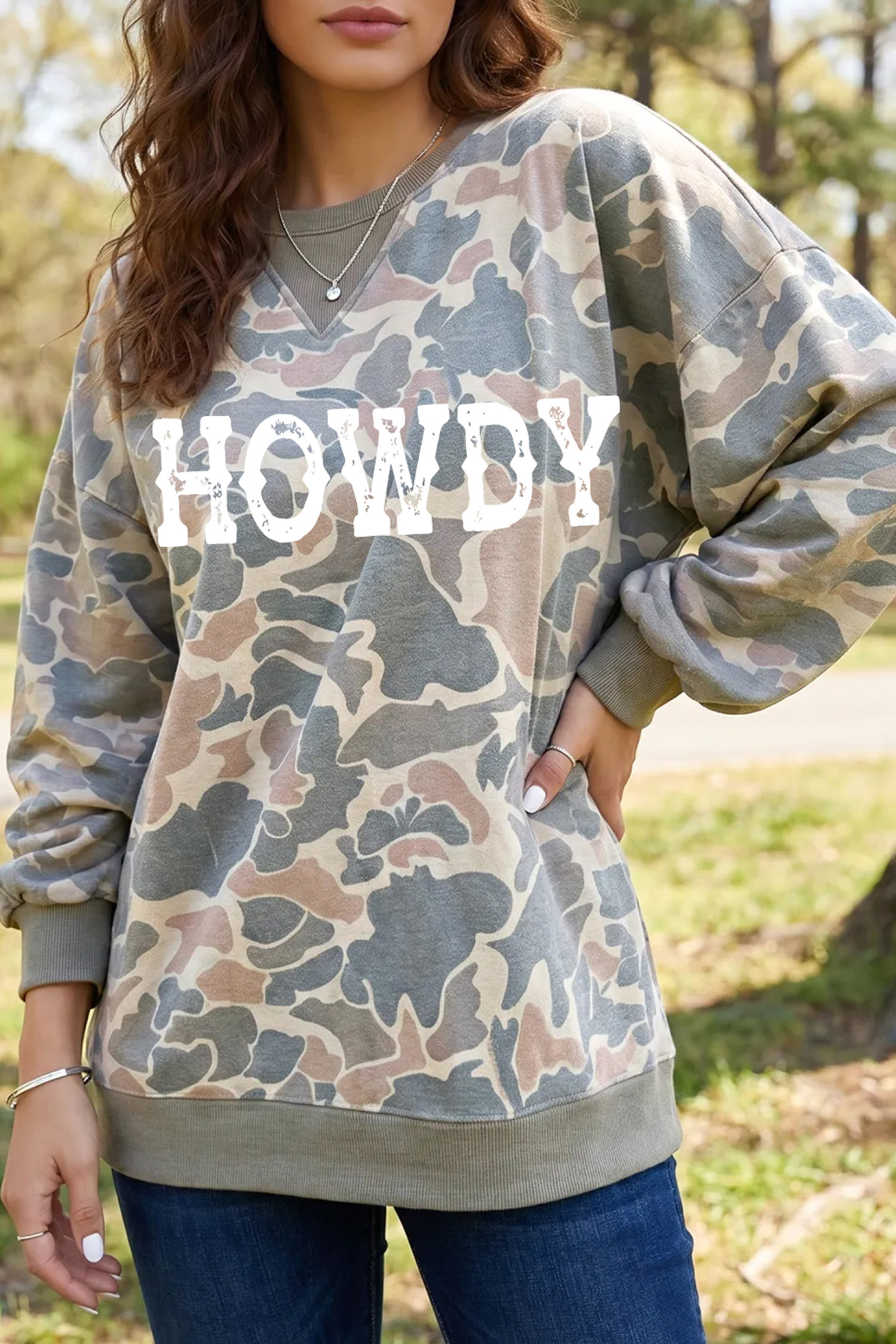 Western Howdy Camouflage Sweatshirt, Long Sleeve Casual Tee - Detail View 2