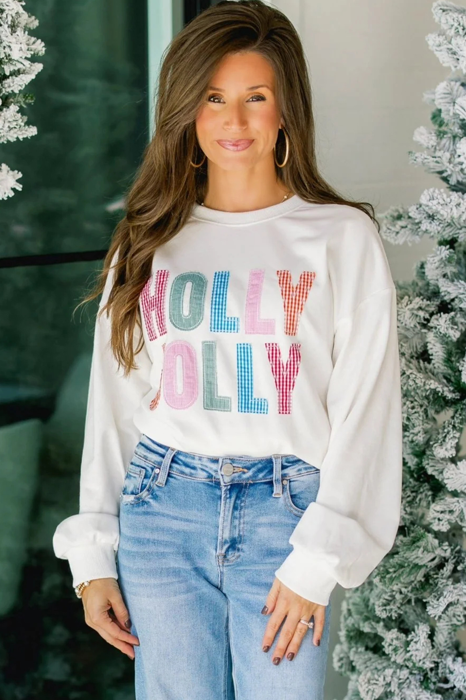 Women's Plaid Letter Sweatshirt, Holly Jolly Christmas Top - Detail View 8