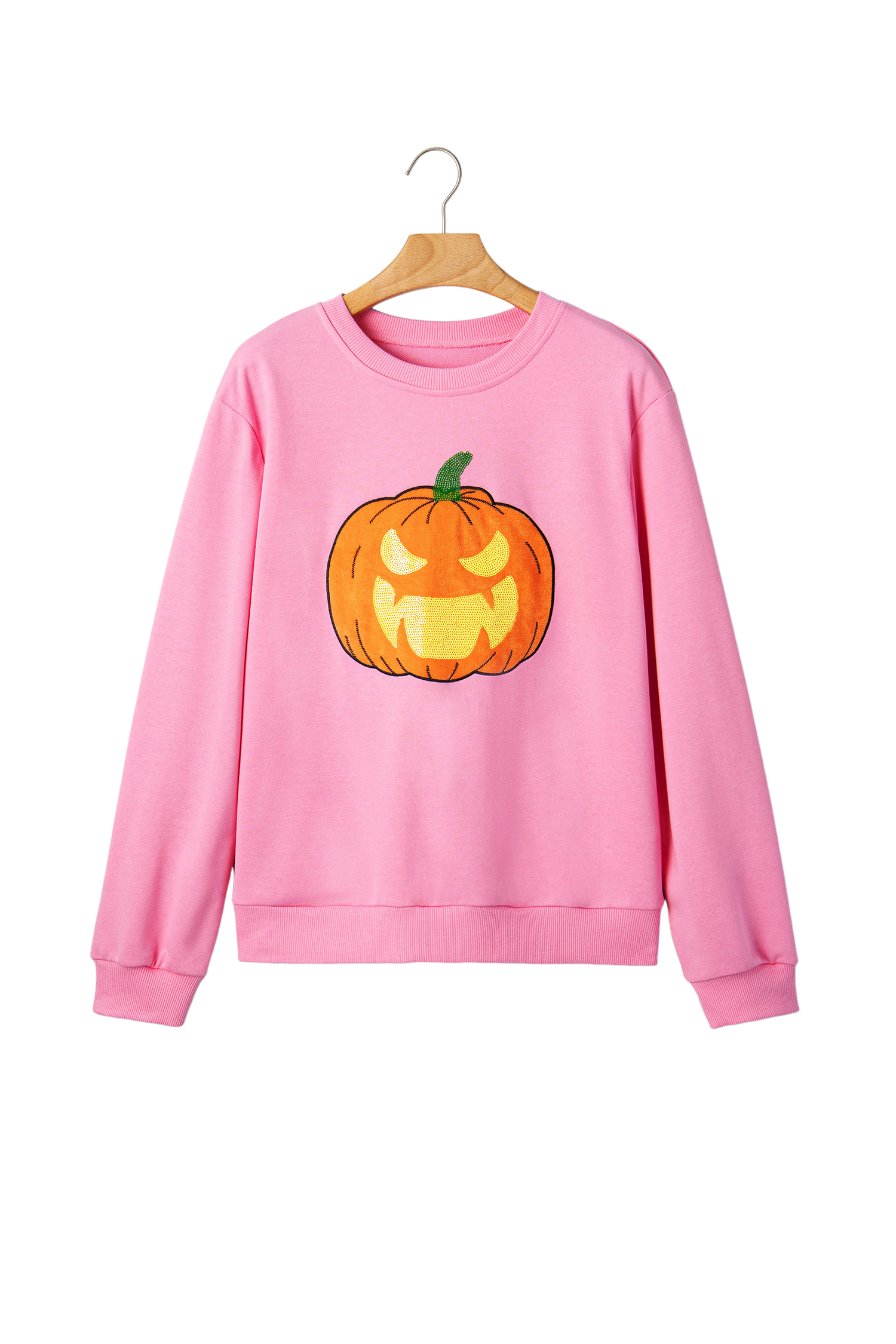 Cute Pumpkin Face Sweatshirt, Pink Autumn Round Neck Shirt - Detail View 6