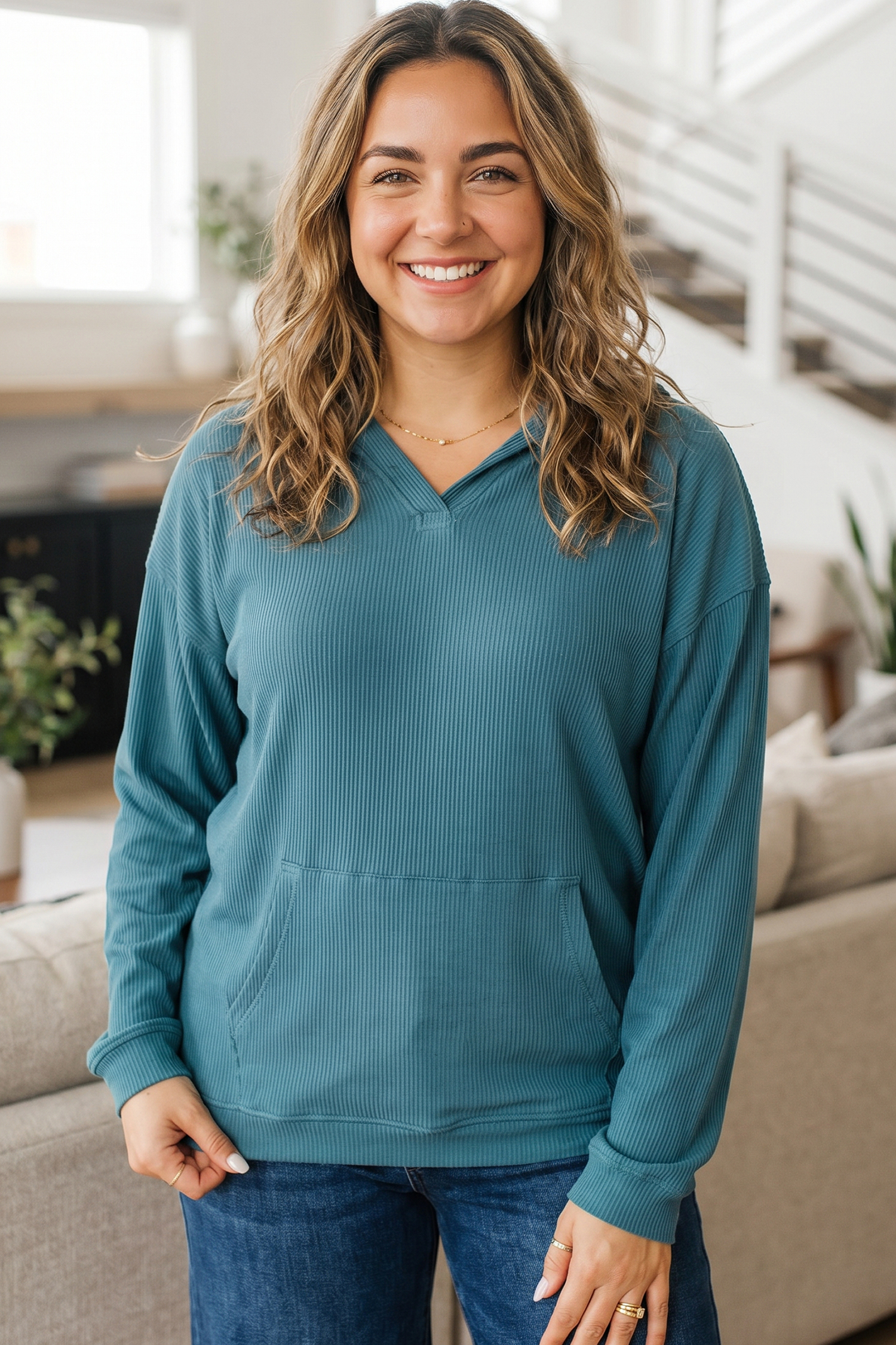 Women's Lapis Ribbed Hoodie, Drop Shoulder Long Sleeve - Detail View 5