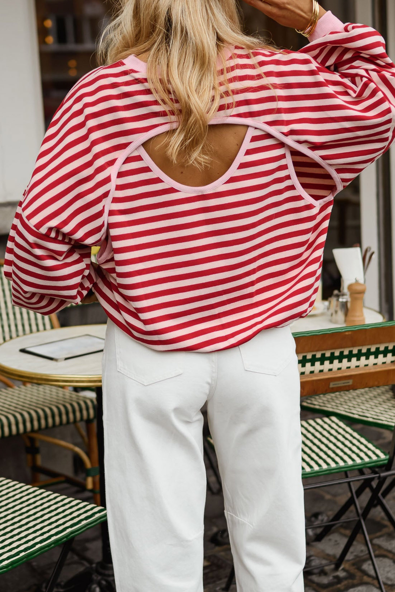 Striped Open Back Long Sleeve Top, Trendy Women Tee - Detail View 2