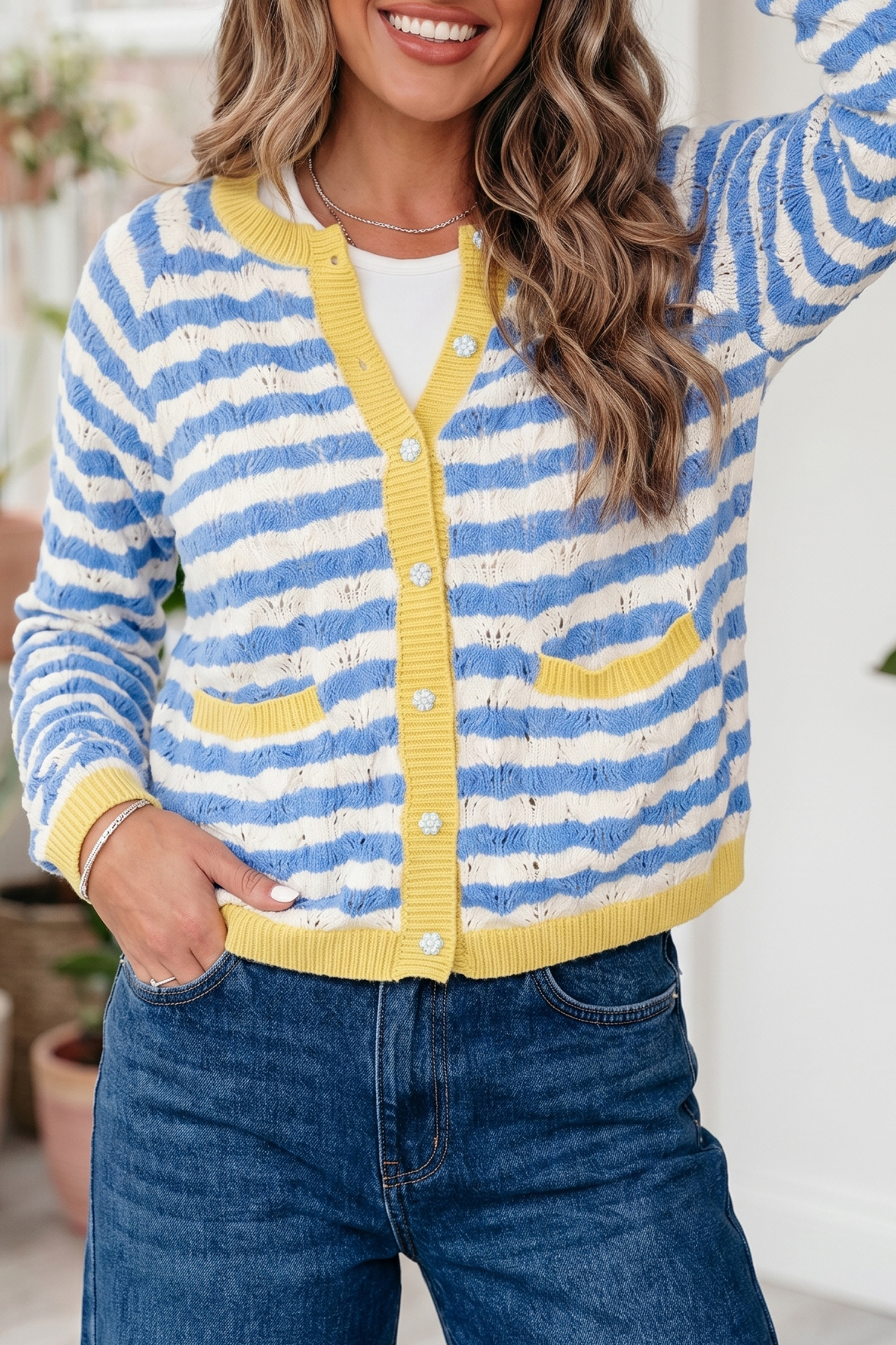 Colorblock Striped Cardigan, Long Sleeve Crew Neck Knit Top - Detail View 17