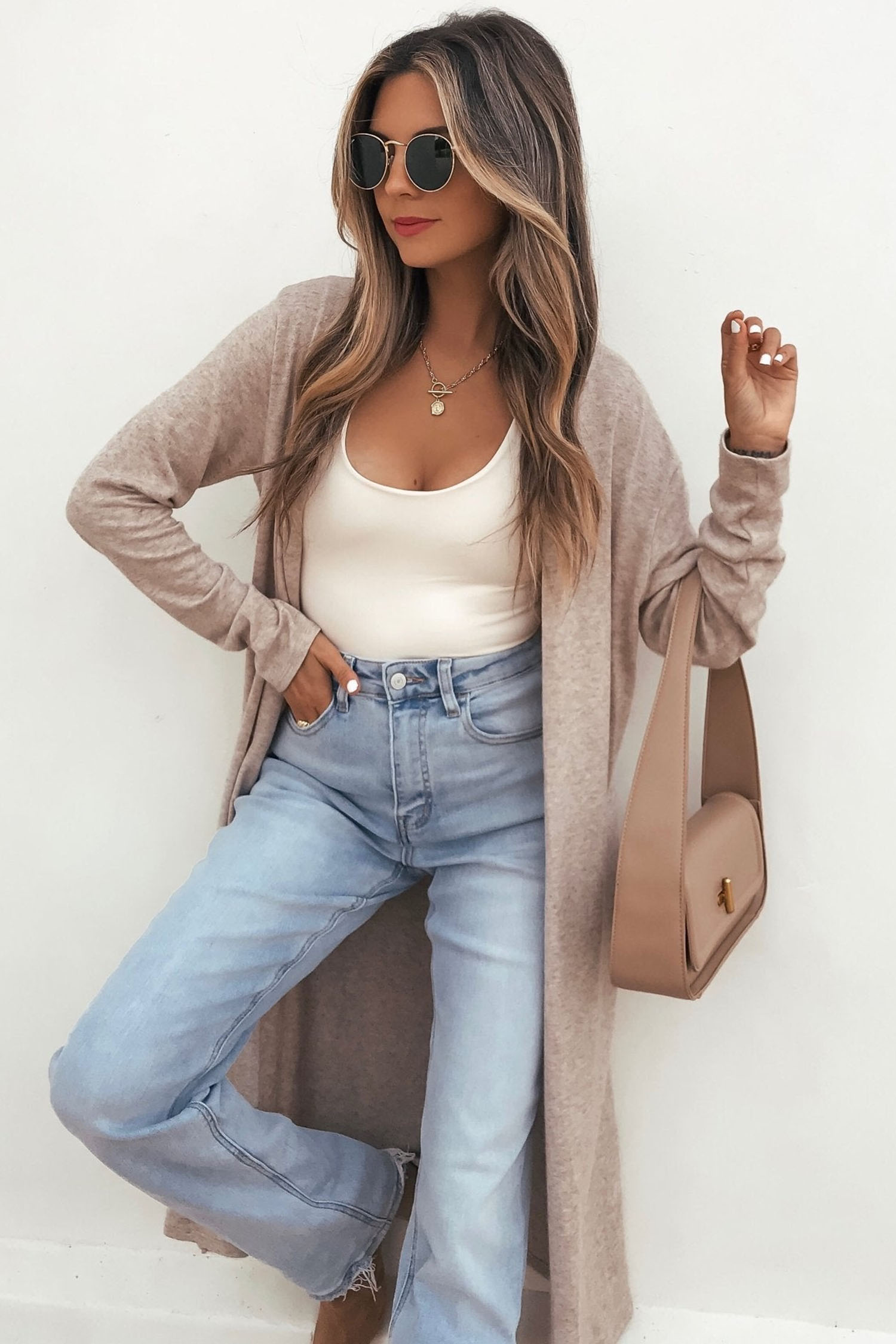 Khaki Long Sleeve Cardigan, Modern Open Front Layering Piece - Detail View 2