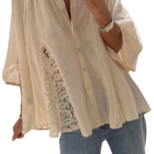 Women's Lace Detail Shirt, Oatmeal Bohemian Flowy Blouse - Main View