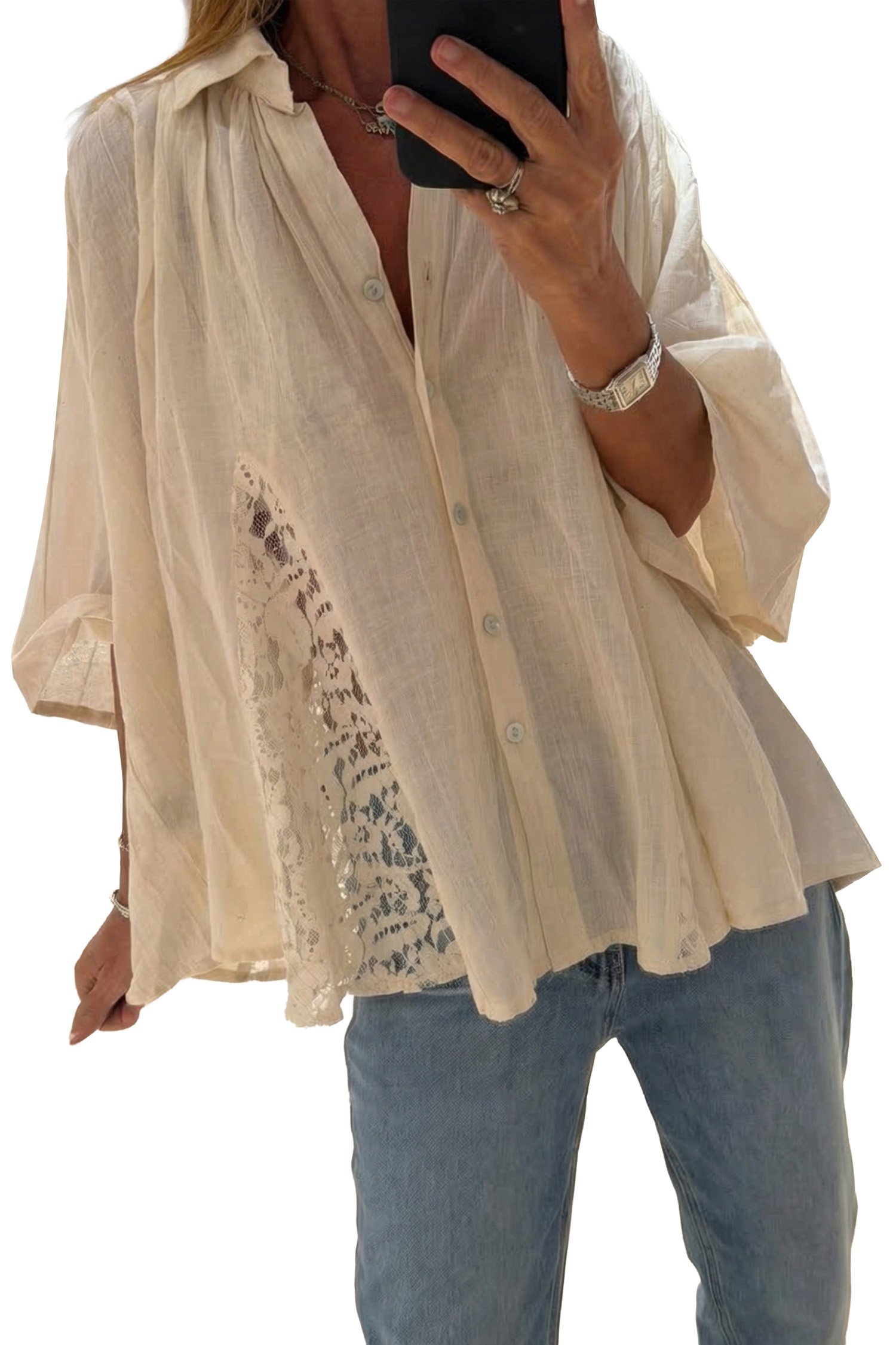 Women's Lace Detail Shirt, Oatmeal Bohemian Flowy Blouse - Main View