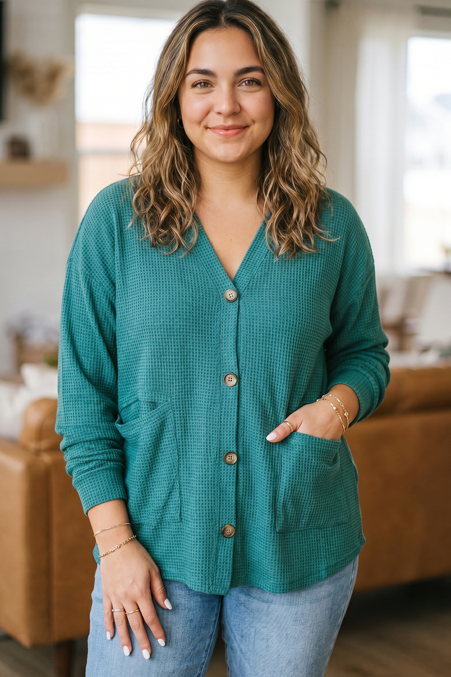 Casual Waffle Texture Cardigan, Button Down Long Sleeve Top - Detail View 3