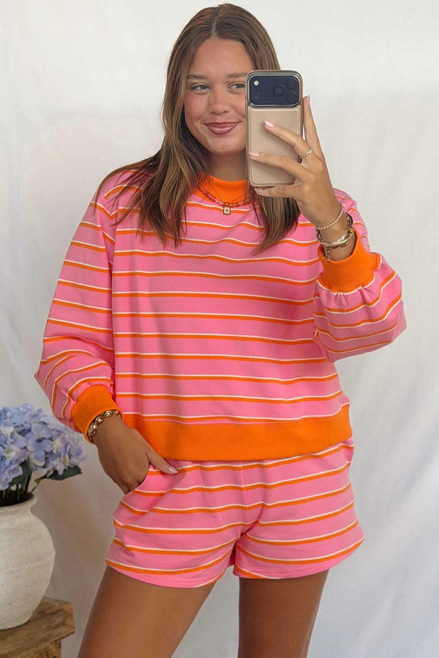 Casual Striped Two Piece Set, Long Sleeve Top And Short Set - Detail View 5