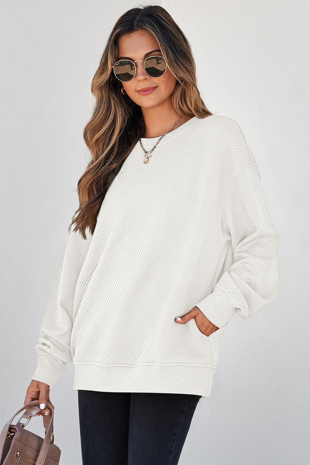 Loose Fit Women's Sweatshirt, Cozy Textured Pullover - Detail View 3