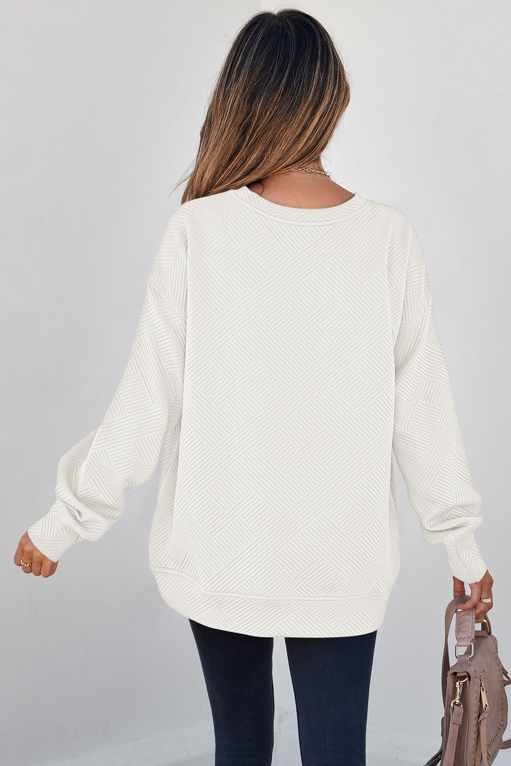 Solid White Women's Pullover, Textured Fall Crewneck - Detail View 2