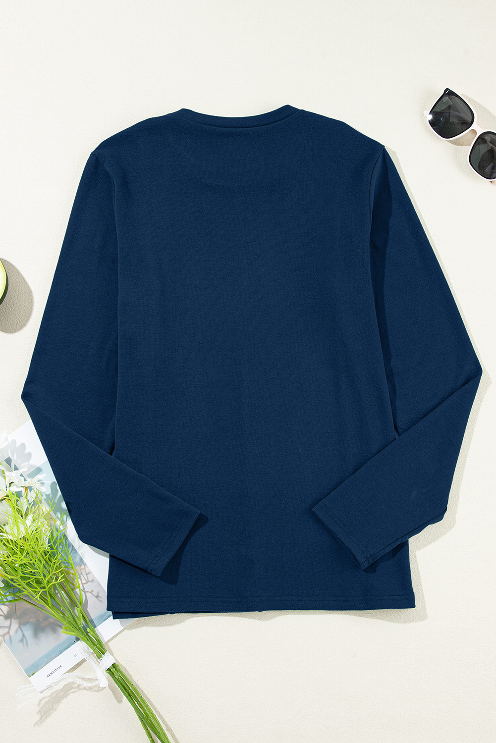 Navy Blue Crew Neck Long Sleeve, Stylish Exposed Seam Blouse - Detail View 8