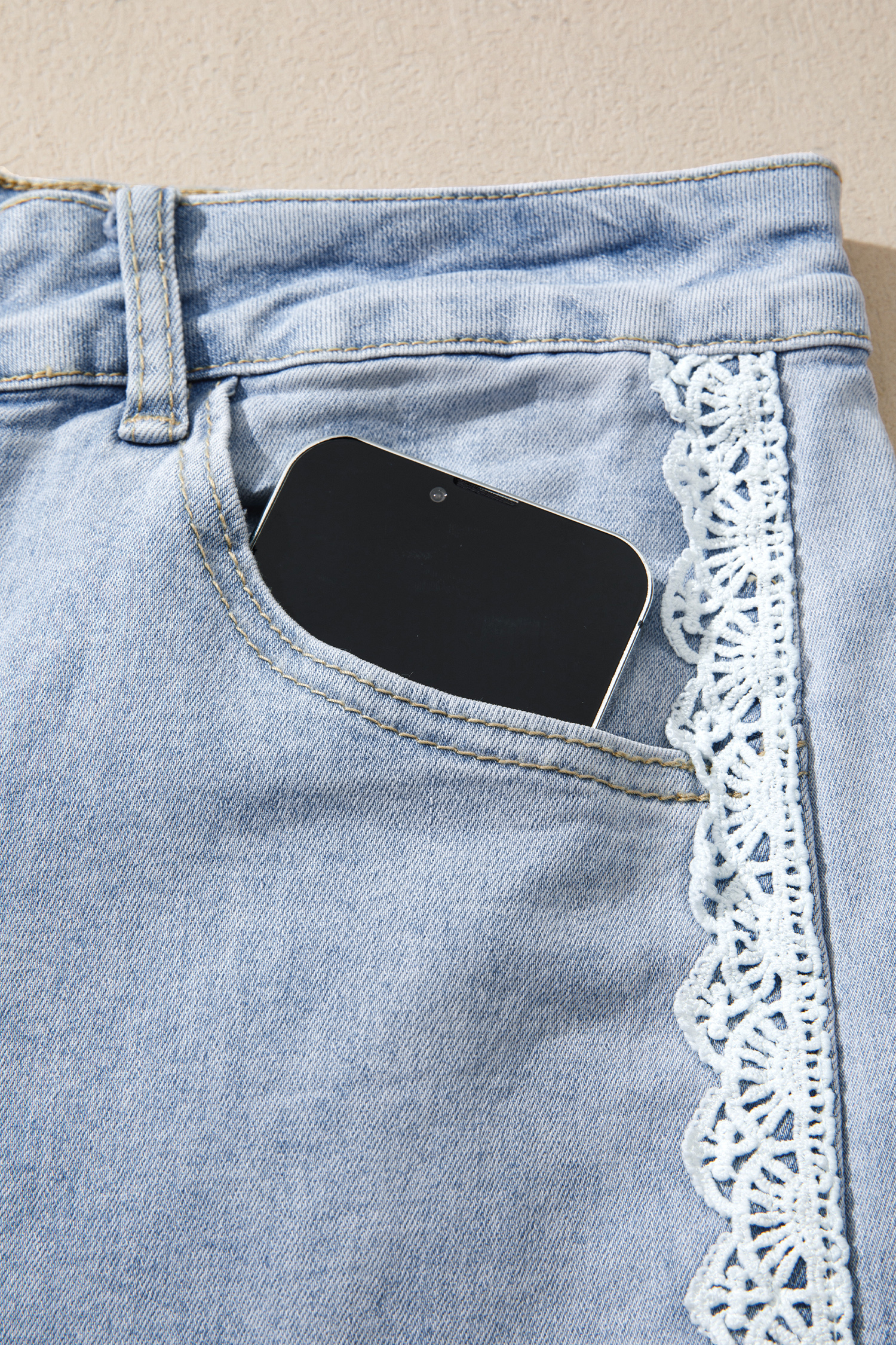 Beau Blue Lace Trim Jeans, Daily Casual Women Pants - Detail View 10