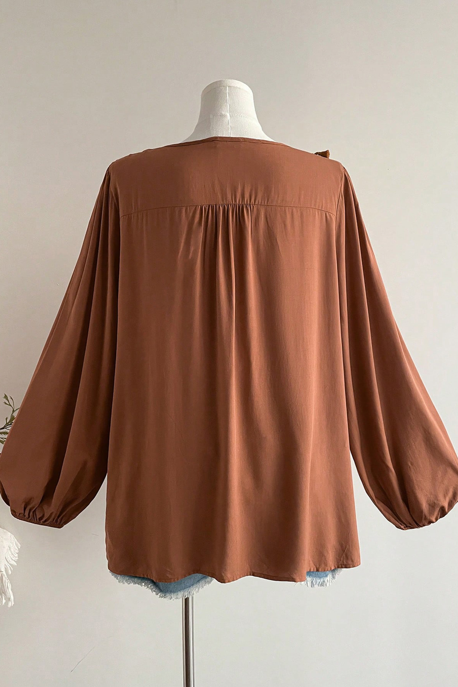 Chestnut Peplum Blouse, Casual Boho Embroidered Fringe Top - Detail View 6