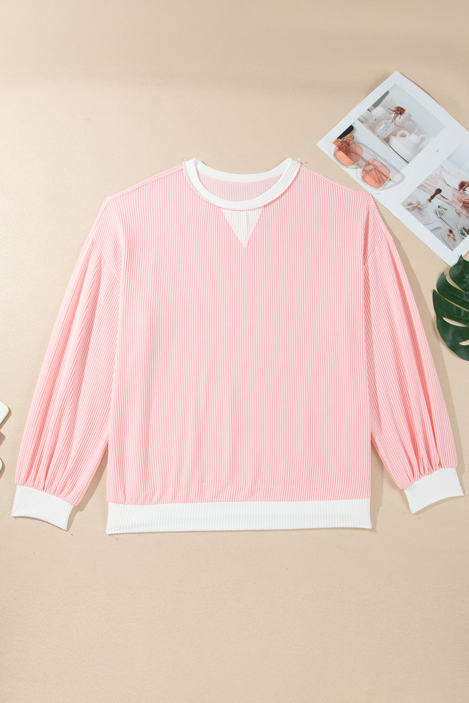 Women's Ribbed Colorblock Blouse, Casual Long Sleeve Top - Detail View 7