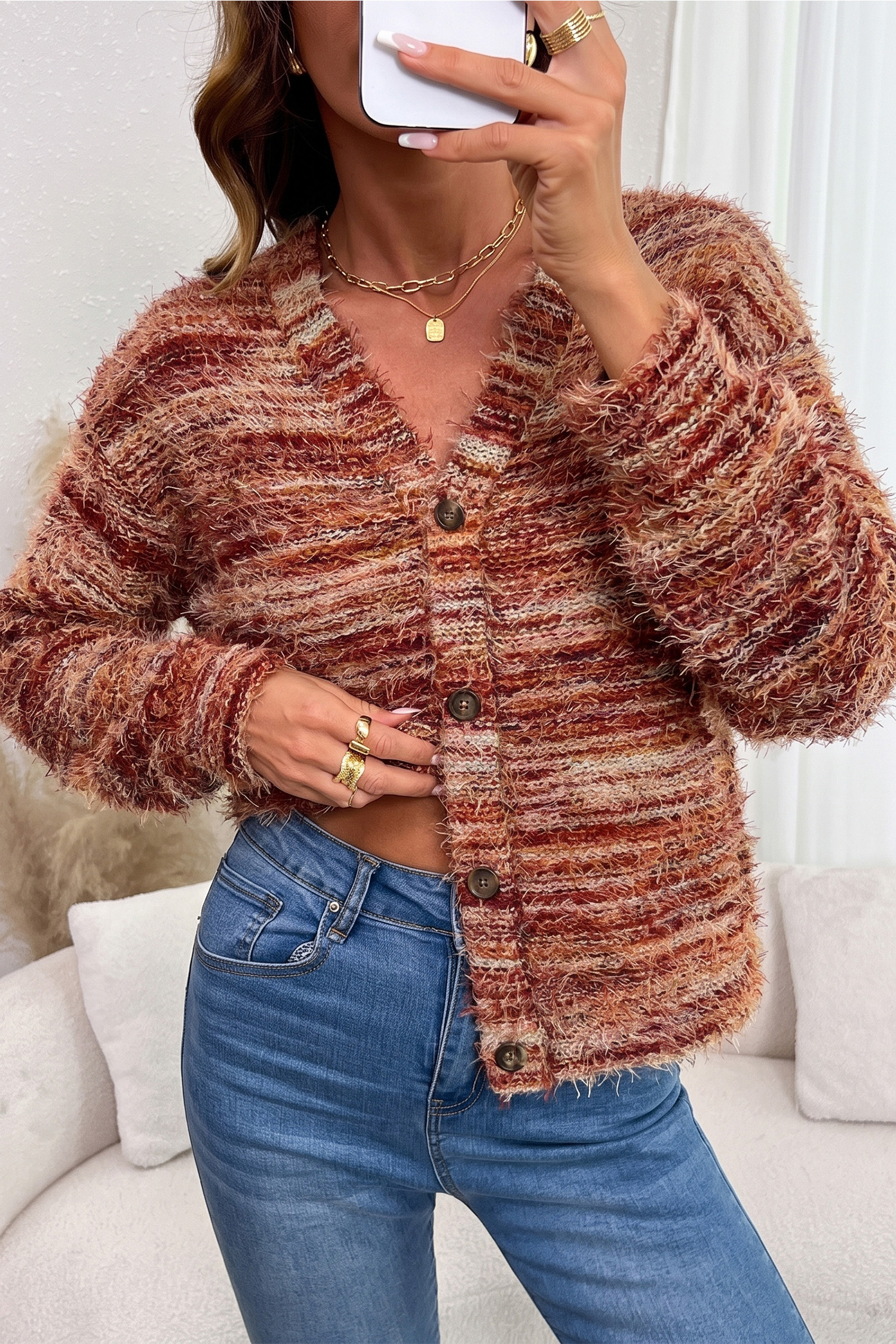 Vintage Gradient Fuzzy Cardigan, Women's Long Sleeve Top - Detail View 5