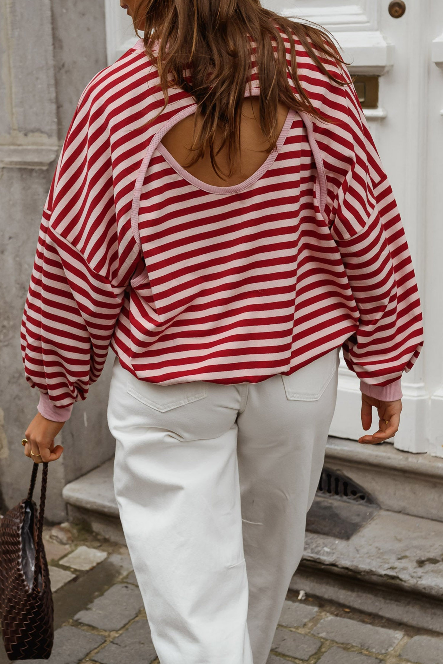 Striped Open Back Long Sleeve Top, Trendy Women Tee - Detail View 5