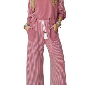 Women's Striped Patchwork Set, Casual Long Sleeve Two Piece - Main View