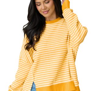 Women's Striped Waffle Knit Top, Casual Long Sleeve Blouse - Main View