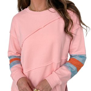 Women's Pink Patchwork Top, Casual Colorblock Shirt - Main View