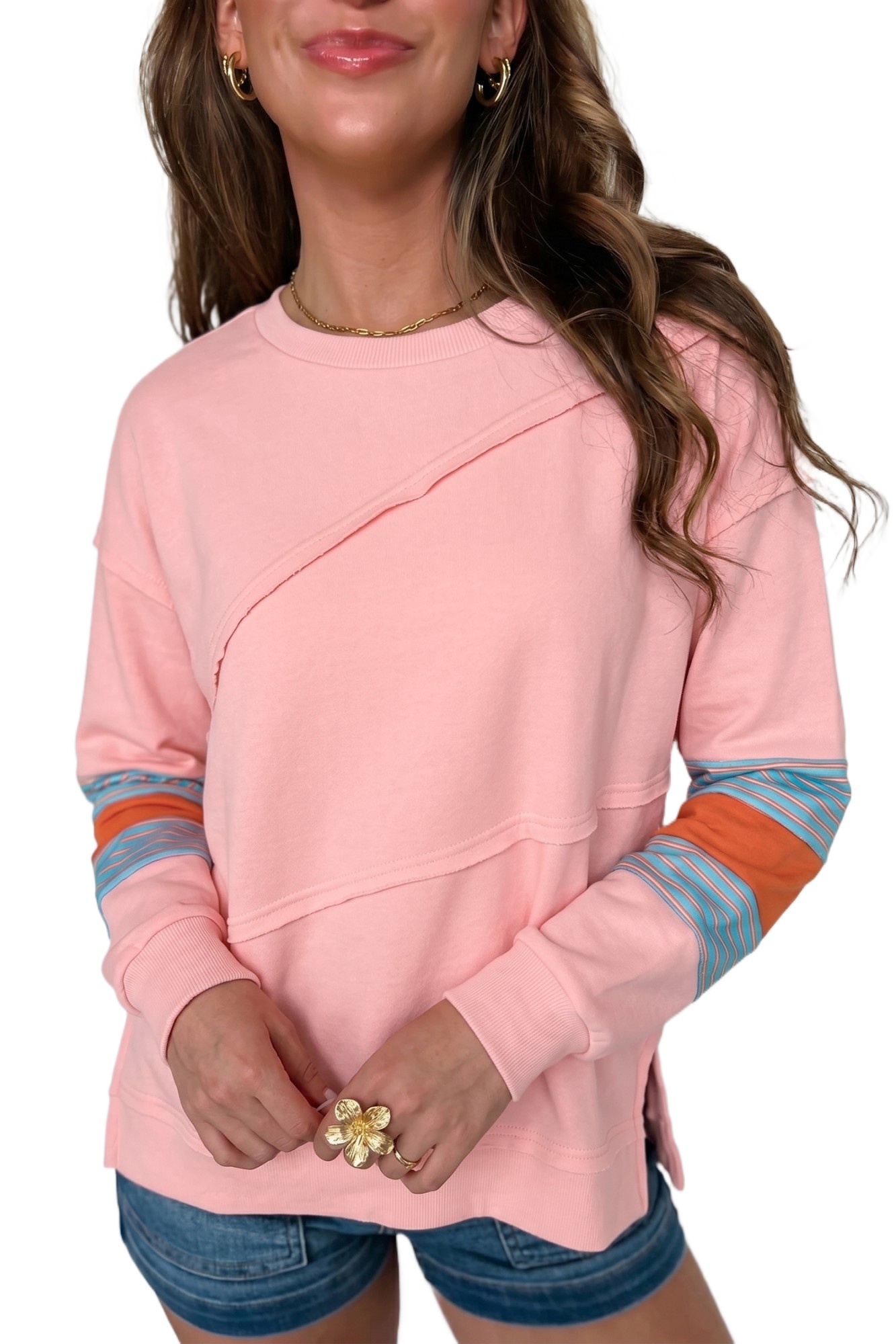 Women's Pink Patchwork Top, Casual Colorblock Shirt - Main View