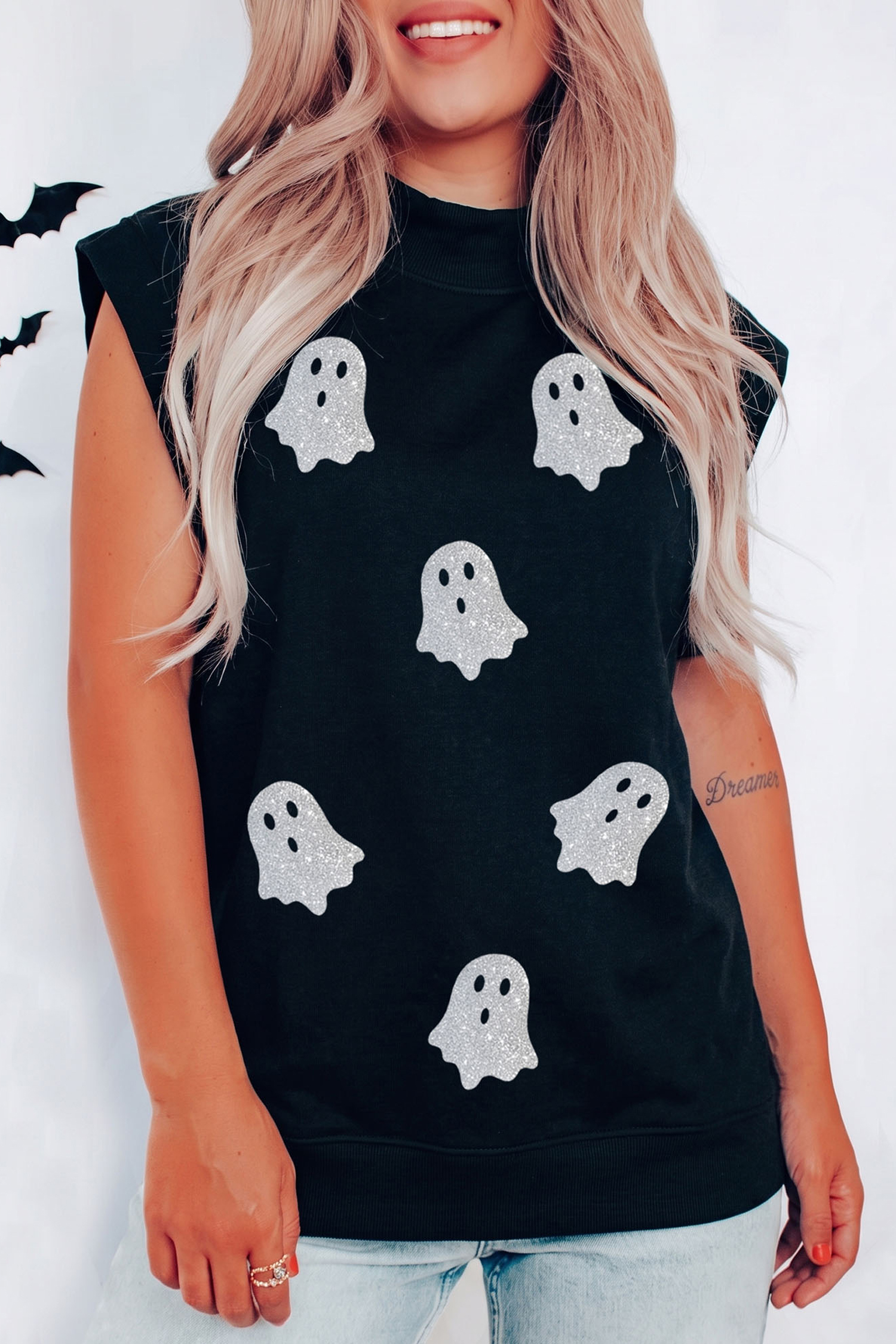 Women's Halloween Ghost Top, Glitter Print Mock Neck Tee - Detail View 7