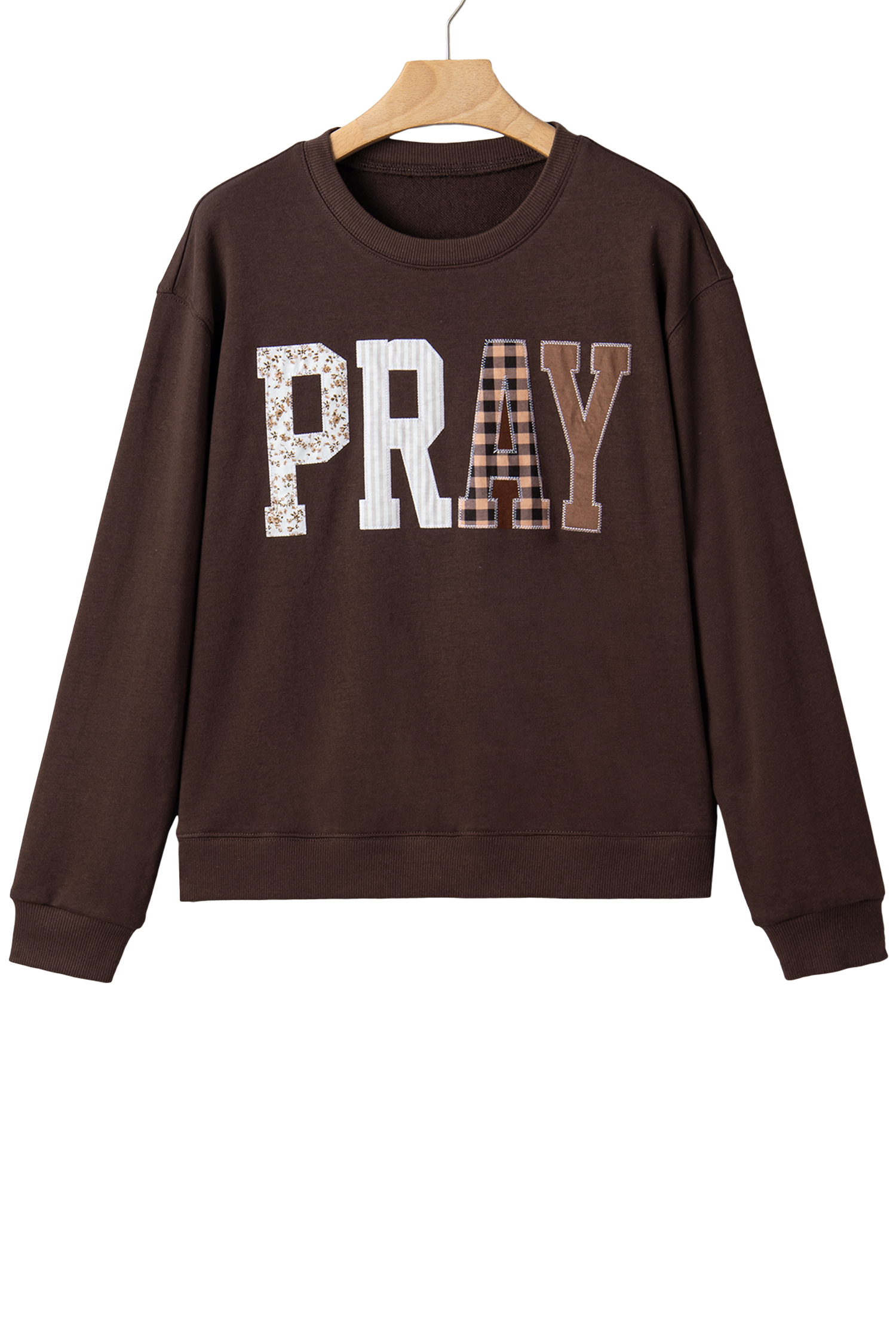Casual Long Sleeve Pullover, Coffee Brown Letter Print Top - Detail View 6