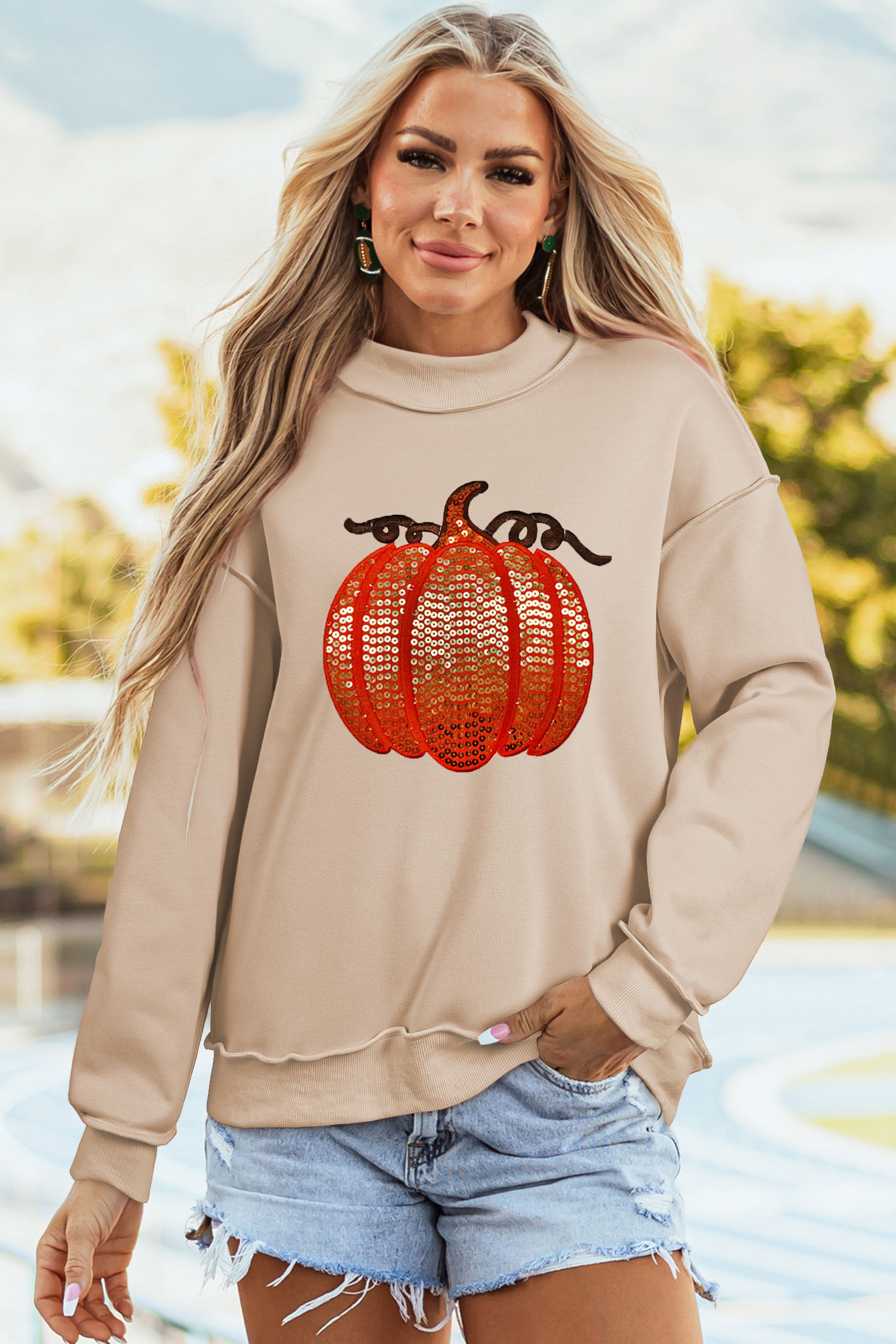 Apricot Pumpkin Graphic Sweatshirt, Trendy Sequin Top - Detail View 5