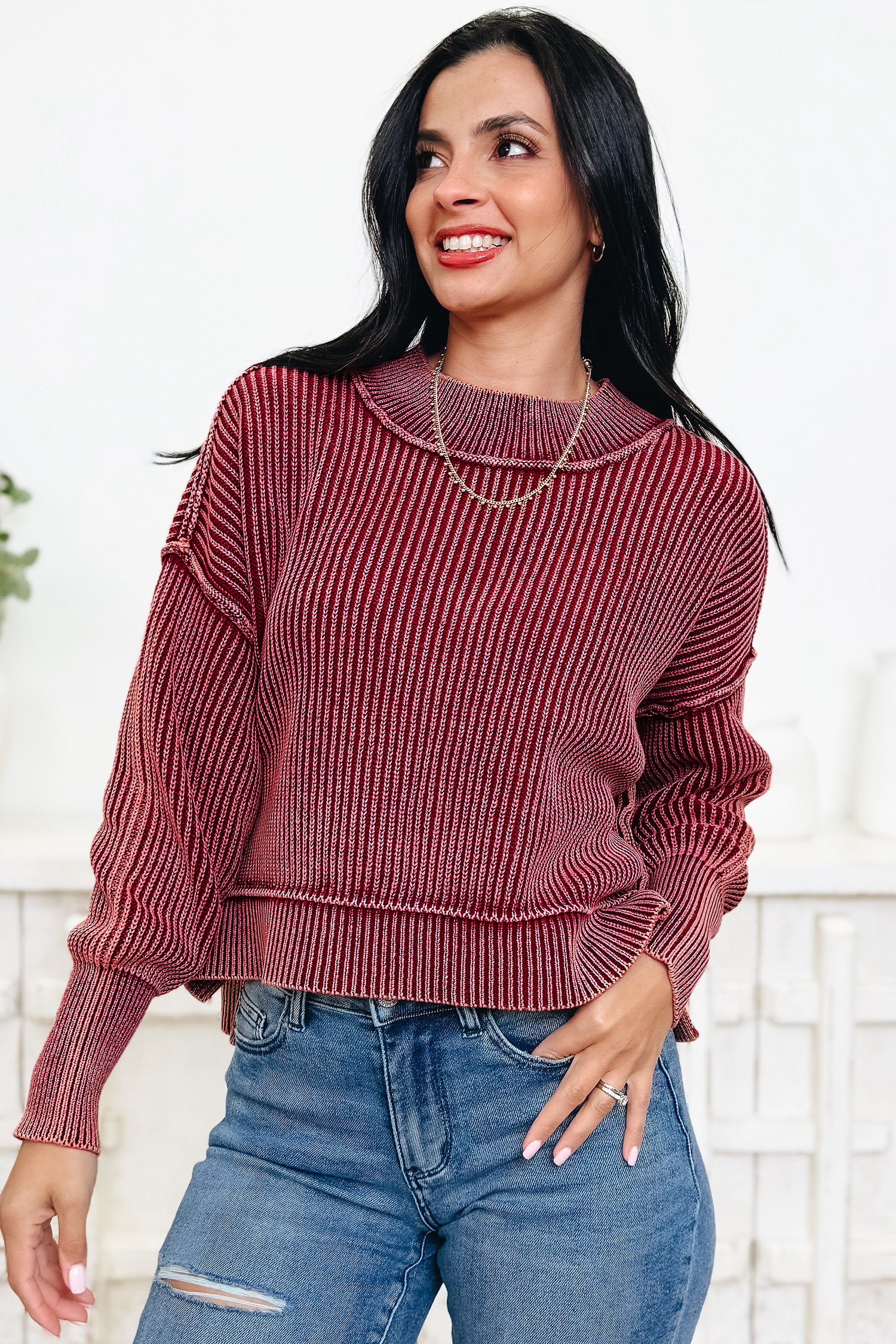 Women's Ribbed Cotton Knit Sweater, Casual Daily Wear - Detail View 7