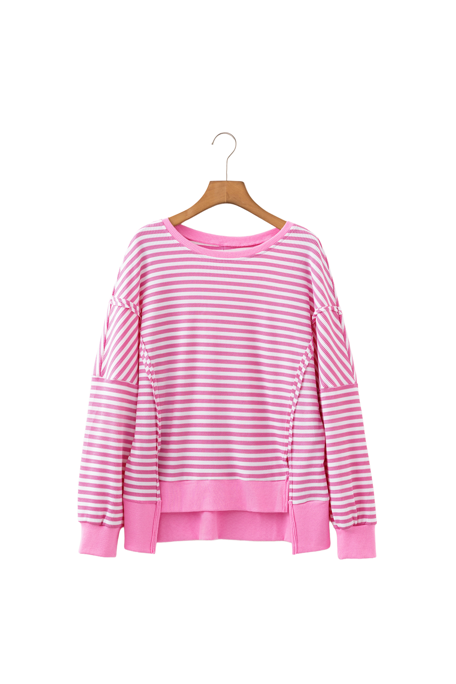 Women's Striped Waffle Knit Top, Casual Long Sleeve Pullover - Detail View 7