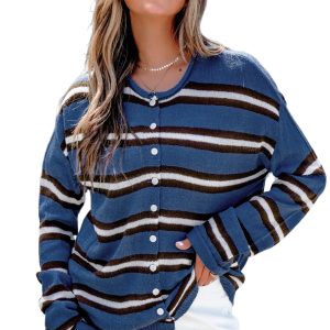 Women's Blue Striped Cardigan, Casual Drop Shoulder Sweater - Main View