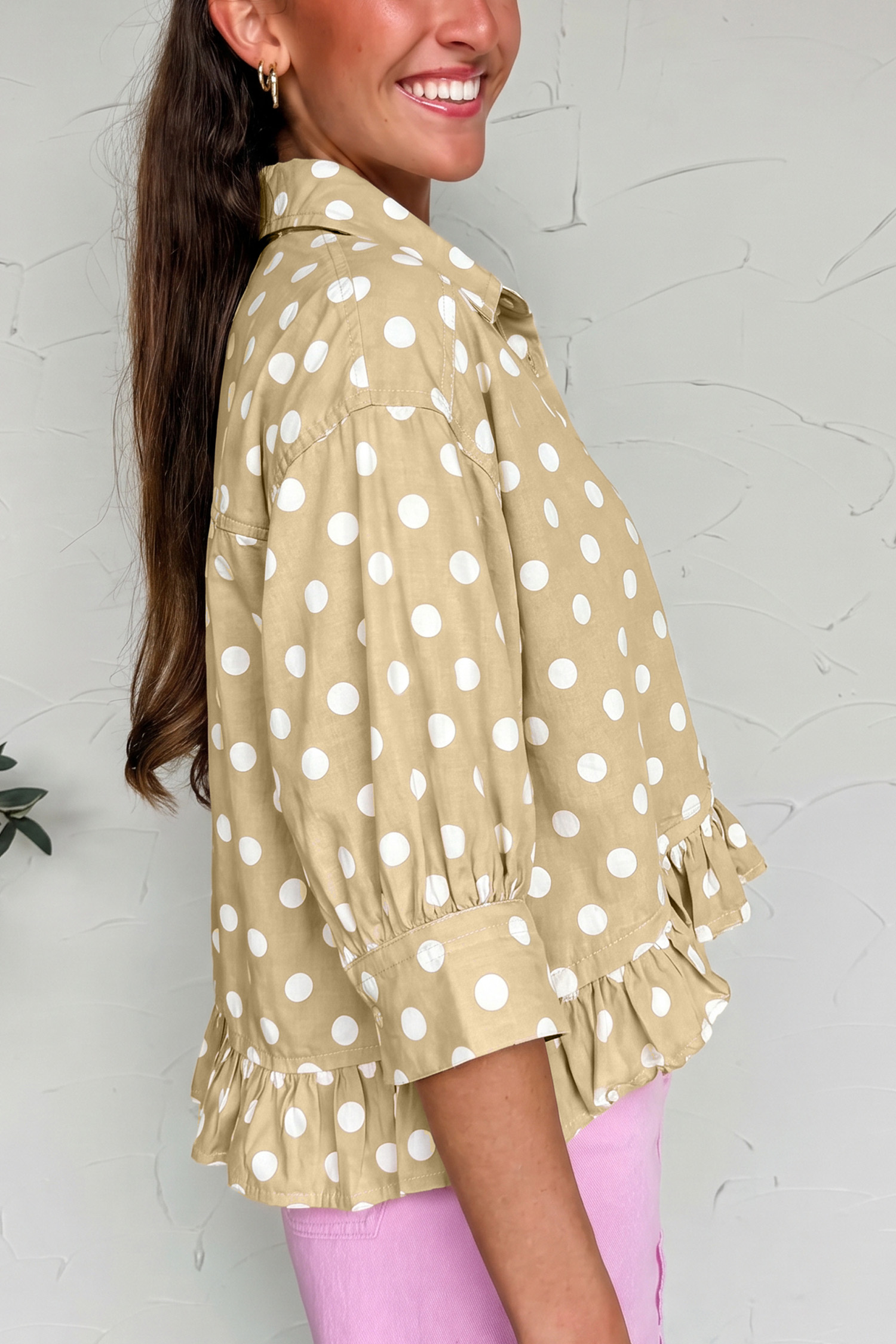 Stylish Polka Dot Blouse, Women's Ruffle Hem Casual Shirt - Detail View 5