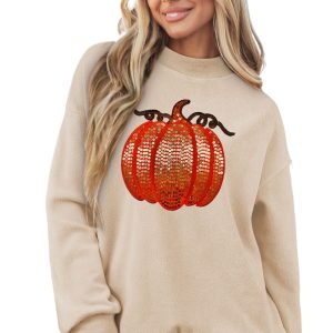 Sequined Women's Pumpkin Sweatshirt, Casual Autumn Style - Main View