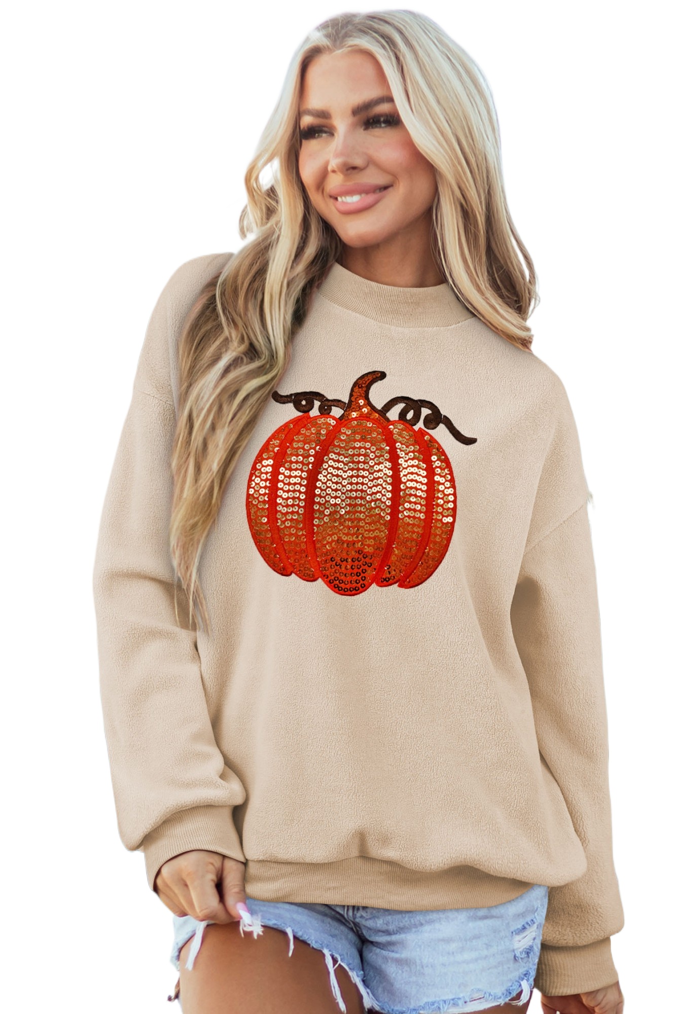 Sequined Women's Pumpkin Sweatshirt, Casual Autumn Style - Main View