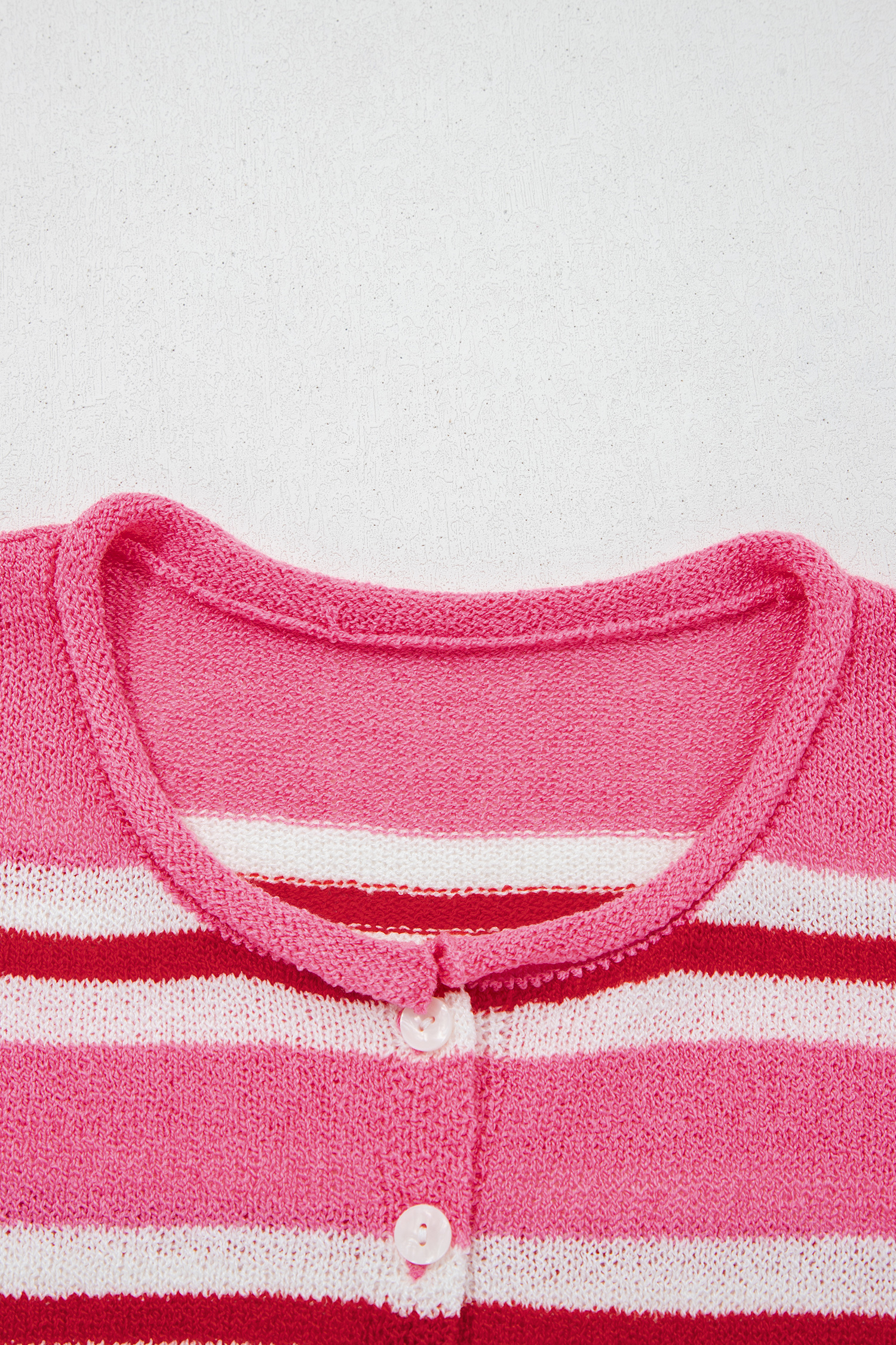 Pink Stripe Knit Cardigan, Long Sleeve Round Neck Button Top - Detail View 8