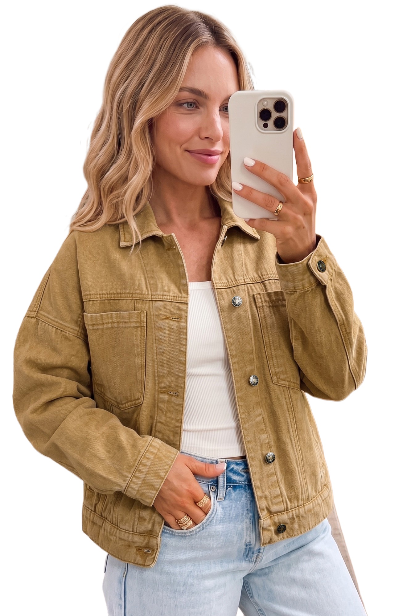 Women's Honey Gold Denim Jacket, Button Front Long Sleeve - Main View