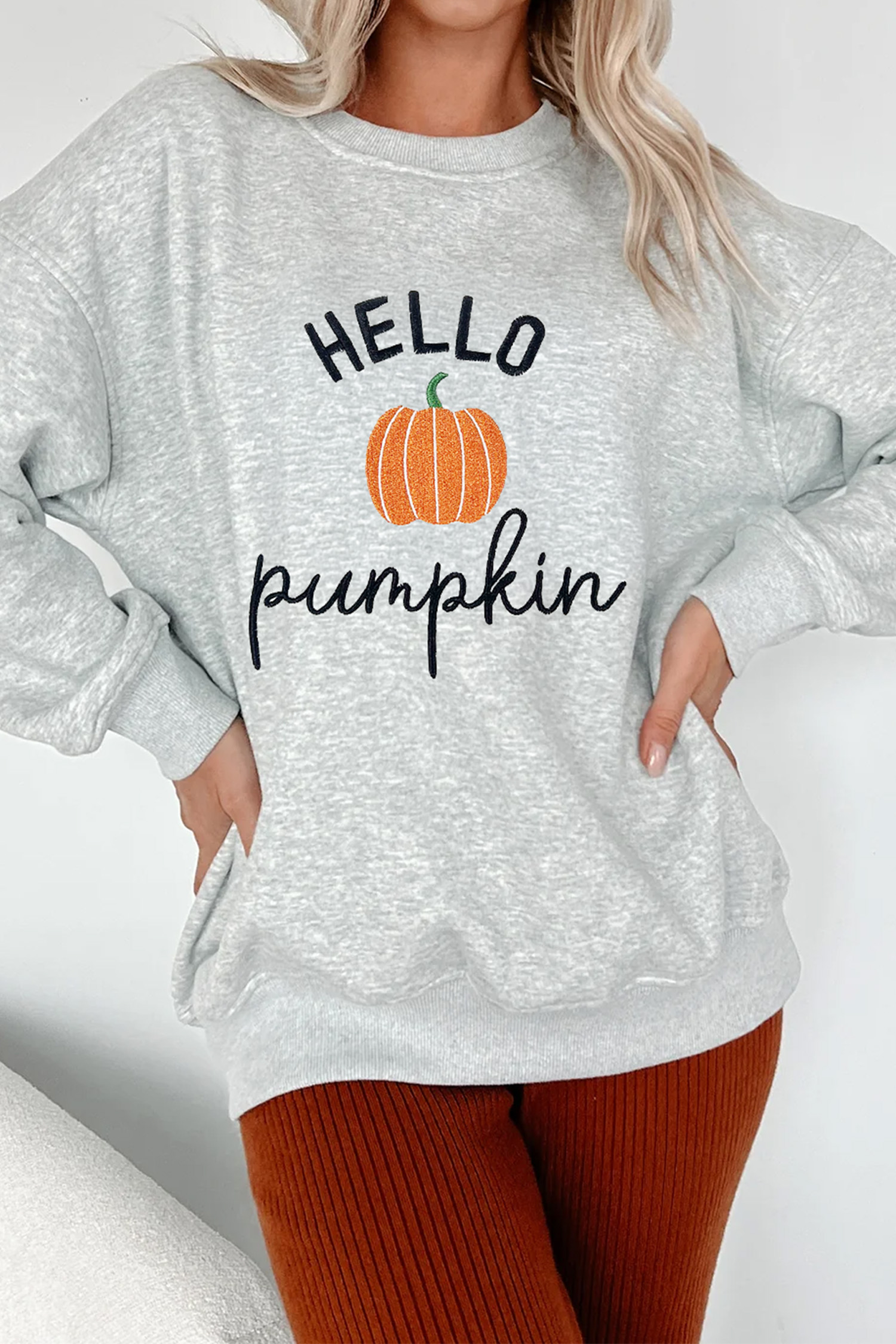 Gray Fall Graphic Sweatshirt, Embroidered Hello Pumpkin Top - Detail View 8