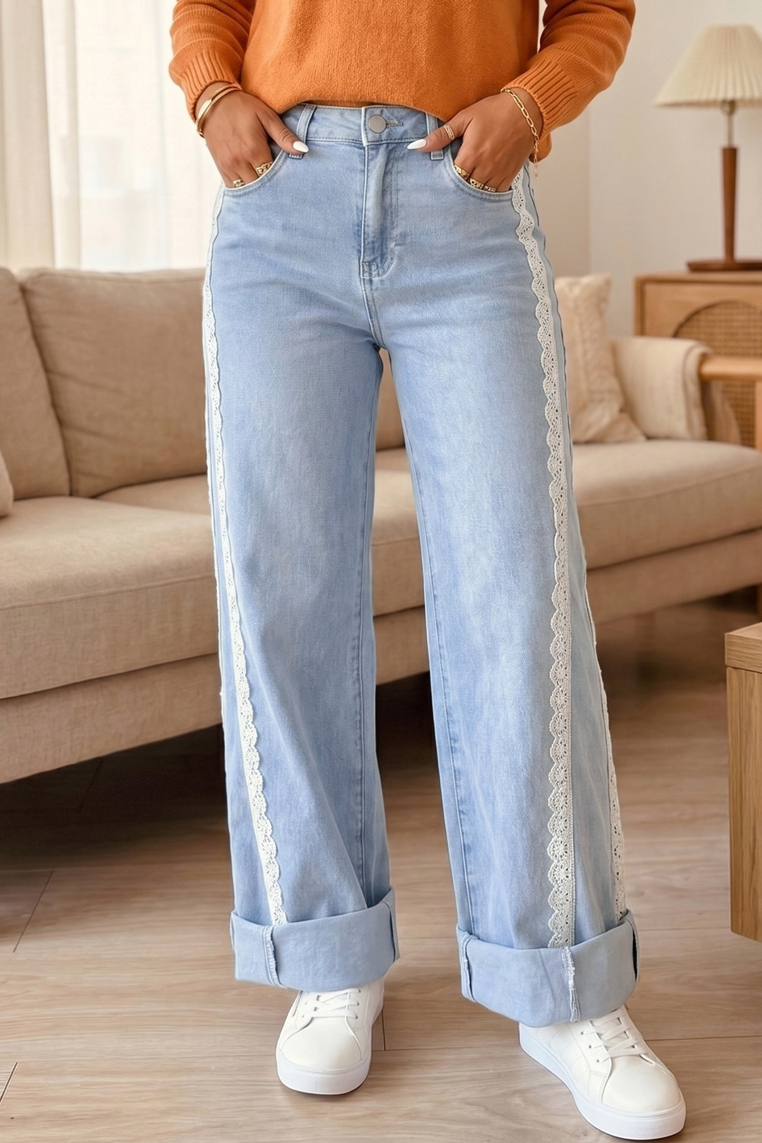 Lace Detail Denim Jeans, Trendy Chic Women Trousers - Detail View 2