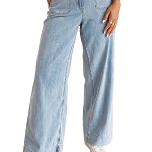 Women's Beau Blue Denim Jeans, High Waist Wide Leg Pocket - Main View
