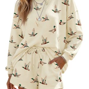 Women's Mallard Print Short Set, Casual Cozy Loungewear - Main View