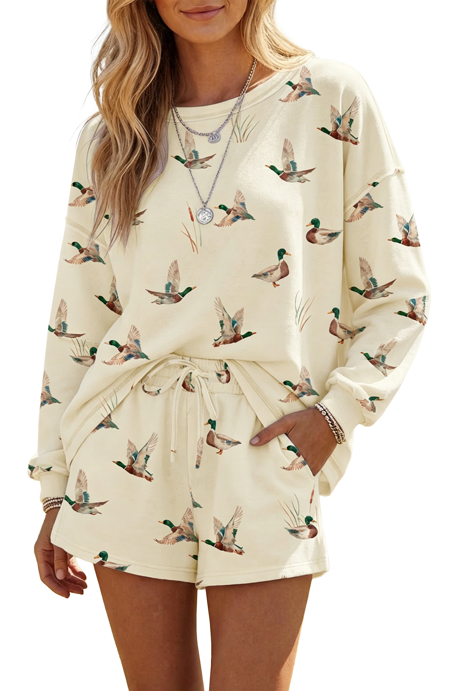Women's Mallard Print Short Set, Casual Cozy Loungewear - Main View